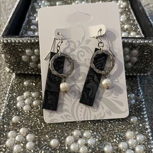 Elegant Black and Silver Earrings with Pearl Accent